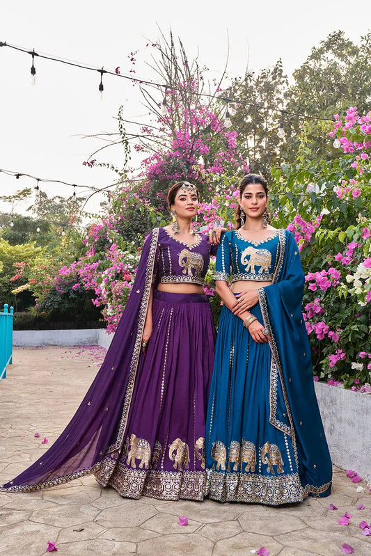 Dorsaron Women's Dark Purple Vichitra Silk Thread Work Lehenga Choli