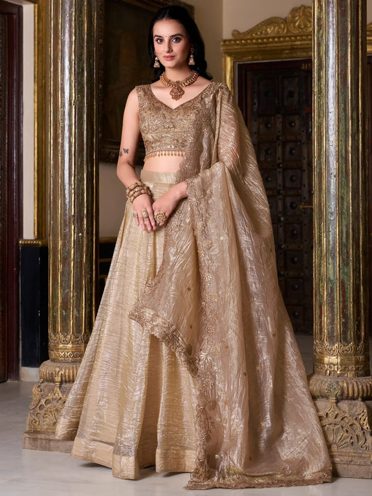 Dorsaron Women's Golden Sequins Organza Wedding Lehenga Choli With Dupatta