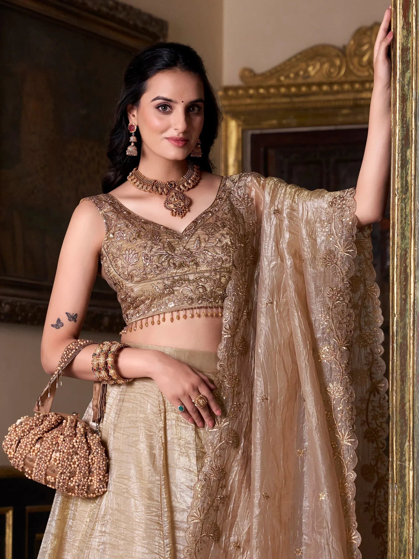 Dorsaron Women's Golden Sequins Organza Wedding Lehenga Choli With Dupatta