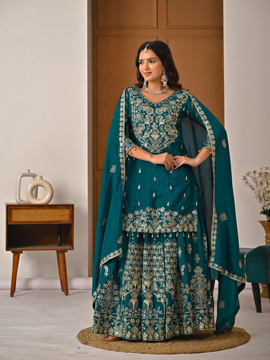 Dorsaron Women's Teal Chinon Silk Embroidery Zari Work Lehenga Choli