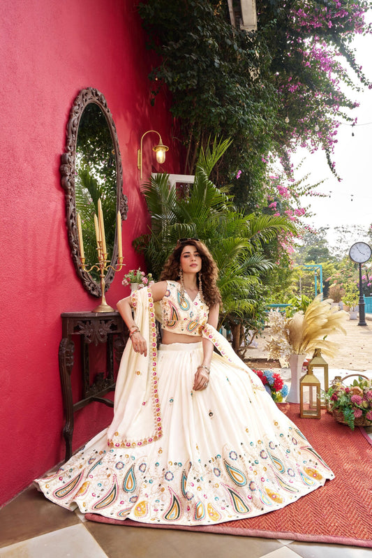 Dorsaron Women's White Vichitra Embroidery Work Lehenga Choli