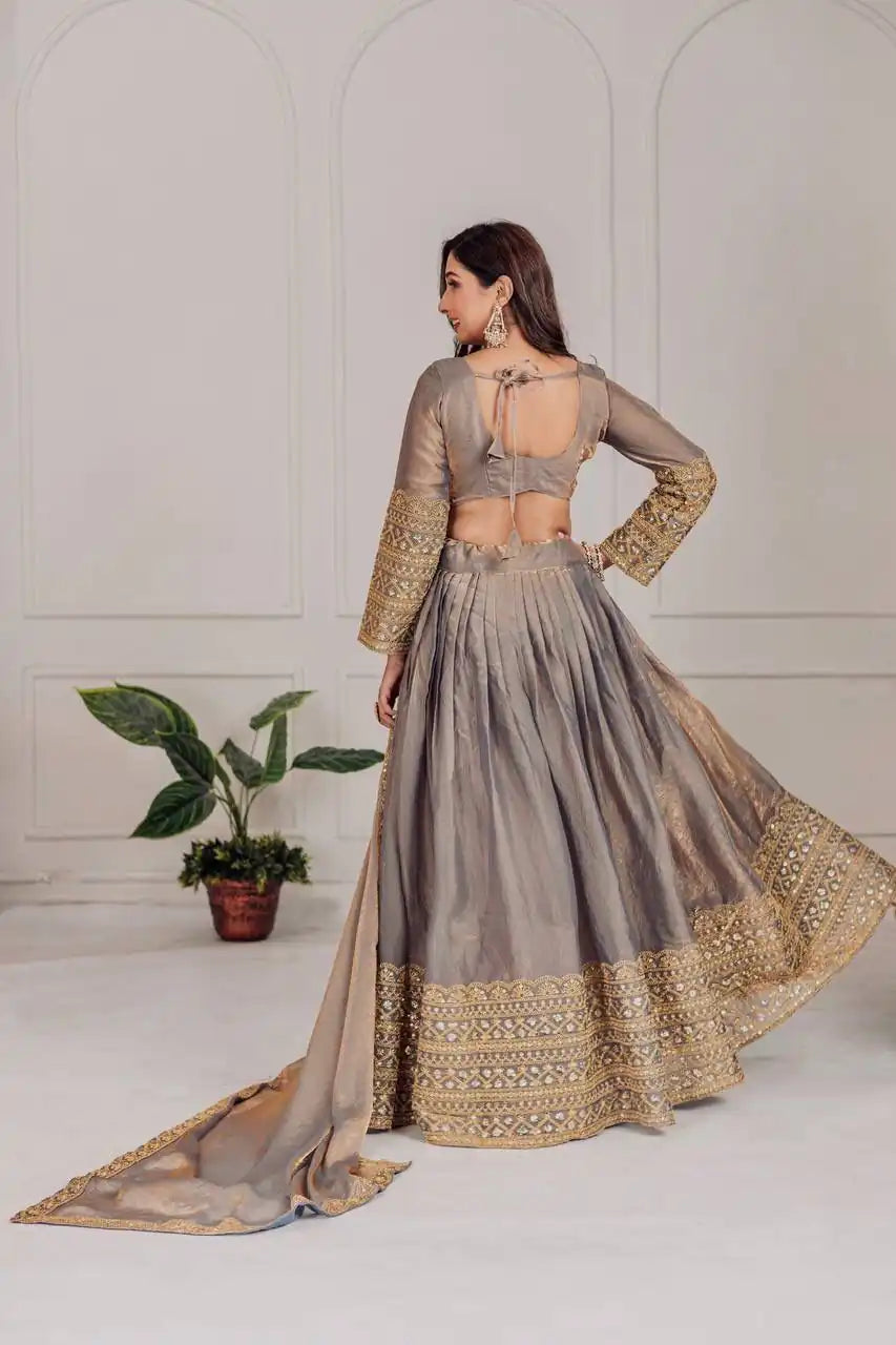 Dorsaron Women's Grey Fendi Embroidery Sequins Work Lehenga Choli