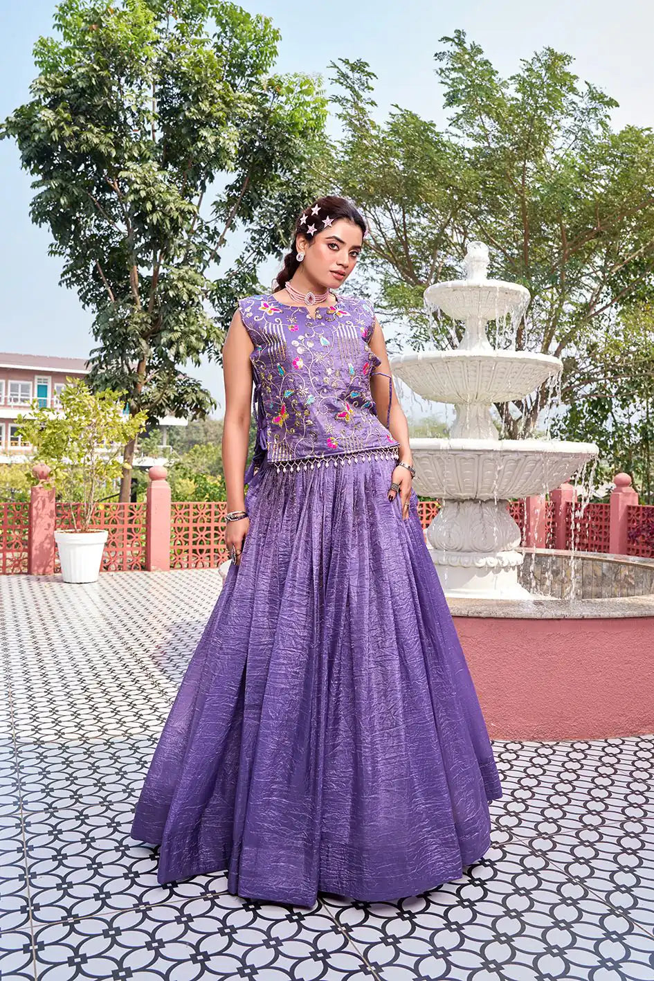 Dorsaron Women's Solid Lavender Gold Crush Embroider Work Lehenga Choli