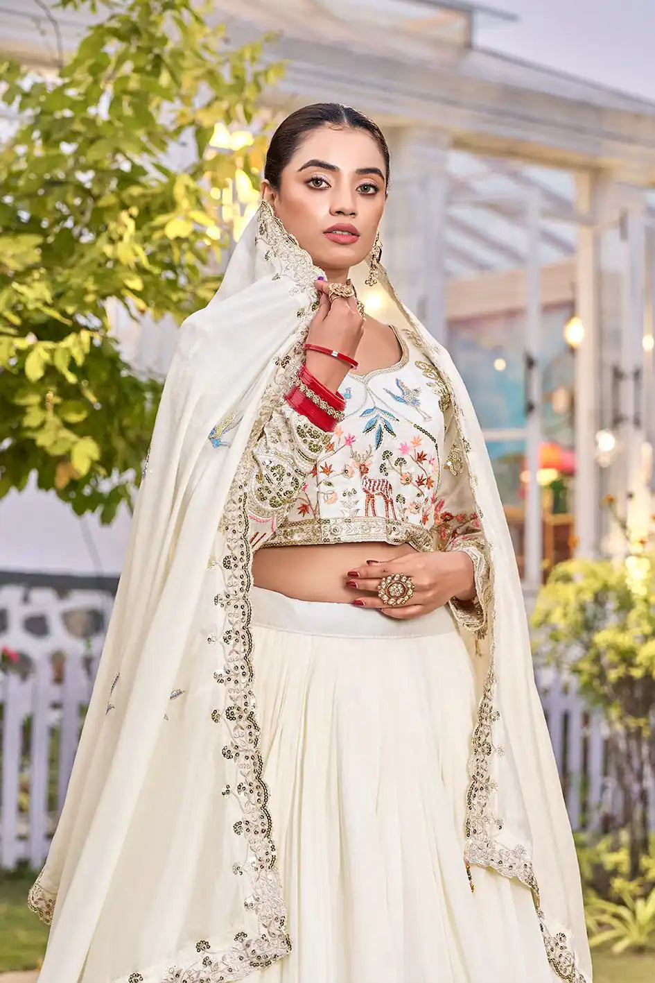 Dorsaron Women's White Vichitra Silk Thread Work Lehenga Choli