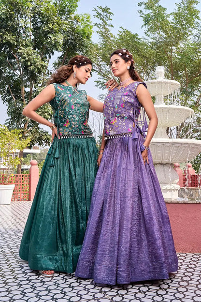 Dorsaron Women's Solid Teal Green Gold Crush Embroider Work Lehenga Choli