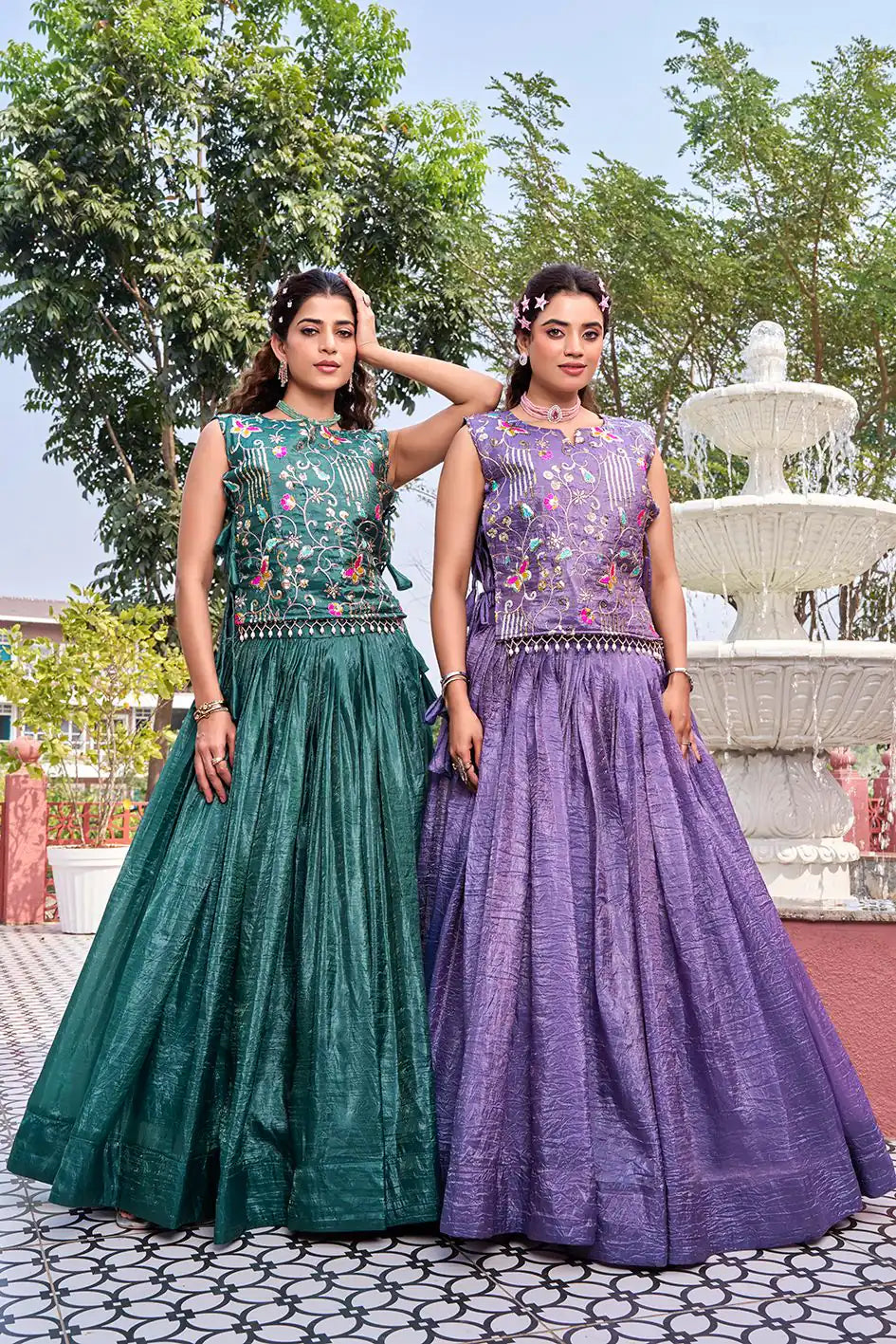 Dorsaron Women's Solid Teal Green Gold Crush Embroider Work Lehenga Choli