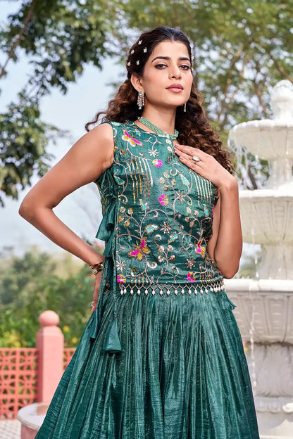 Dorsaron Women's Solid Teal Green Gold Crush Embroider Work Lehenga Choli