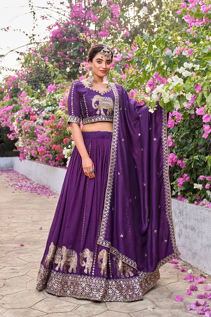 Dorsaron Women's Dark Purple Vichitra Silk Thread Work Lehenga Choli