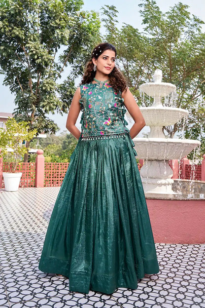 Dorsaron Women's Solid Teal Green Gold Crush Embroider Work Lehenga Choli