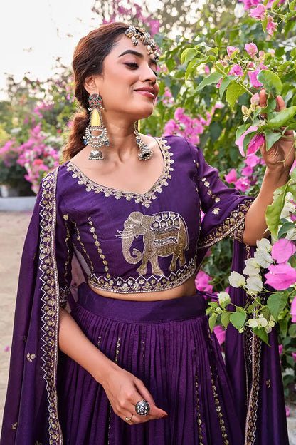 Dorsaron Women's Dark Purple Vichitra Silk Thread Work Lehenga Choli