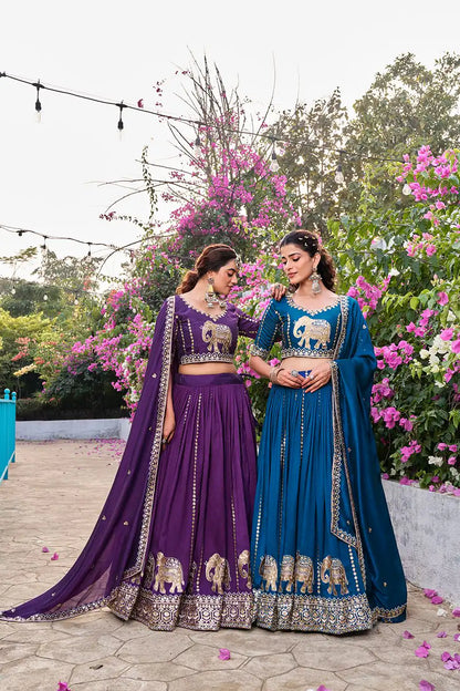 Dorsaron Women's Dark Purple Vichitra Silk Thread Work Lehenga Choli