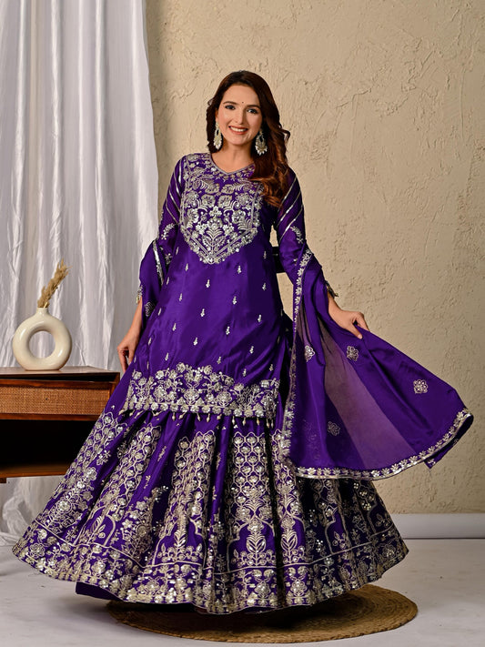Dorsaron Women's Dark Purple Chinon Silk Embroidery Zari Work Lehenga Choli