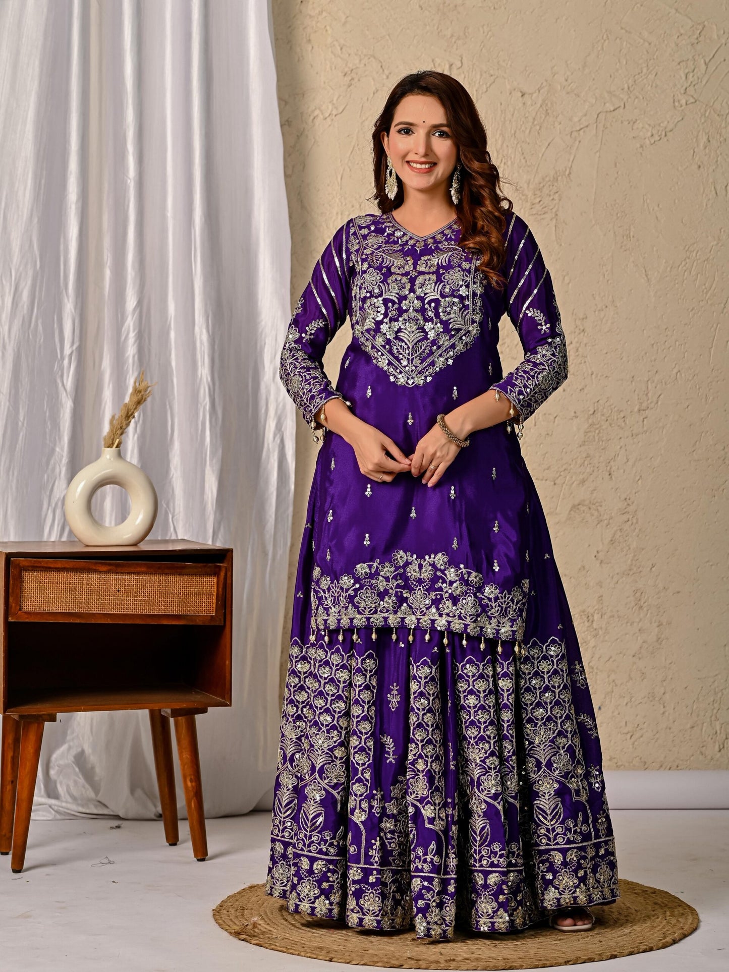 Dorsaron Women's Dark Purple Chinon Silk Embroidery Zari Work Lehenga Choli