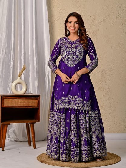 Dorsaron Women's Dark Purple Chinon Silk Embroidery Zari Work Lehenga Choli
