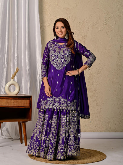 Dorsaron Women's Dark Purple Chinon Silk Embroidery Zari Work Lehenga Choli