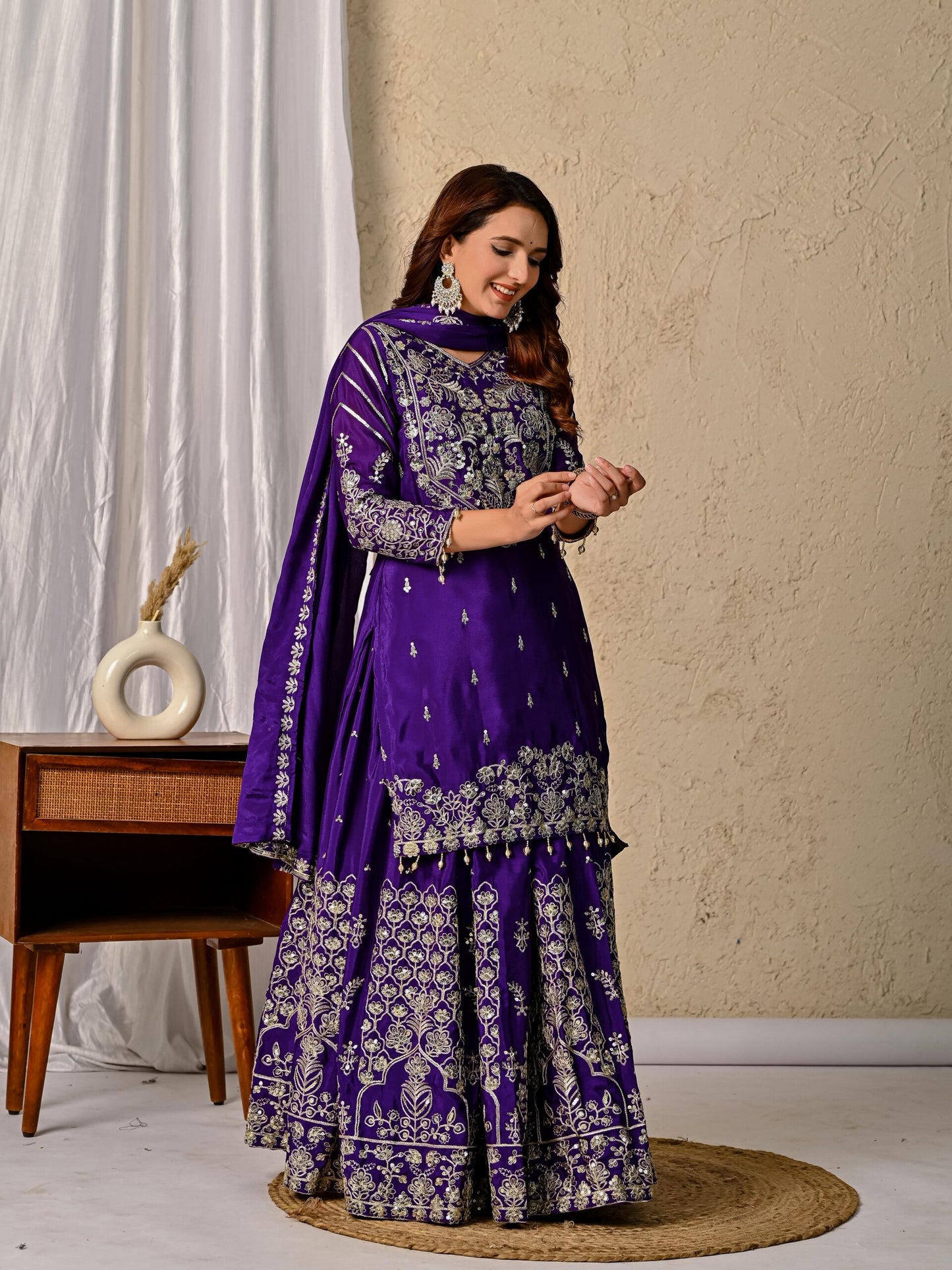 Dorsaron Women's Dark Purple Chinon Silk Embroidery Zari Work Lehenga Choli