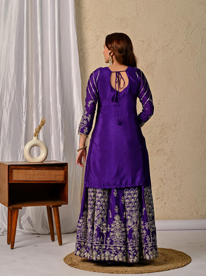 Dorsaron Women's Dark Purple Chinon Silk Embroidery Zari Work Lehenga Choli