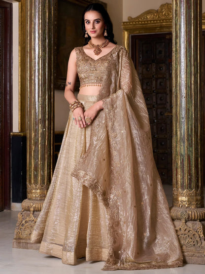 Dorsaron Women's Golden Sequins Organza Wedding Lehenga Choli With Dupatta