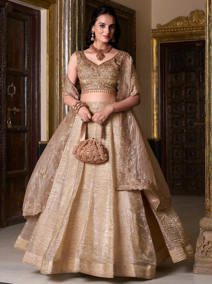 Dorsaron Women's Golden Sequins Organza Wedding Lehenga Choli With Dupatta