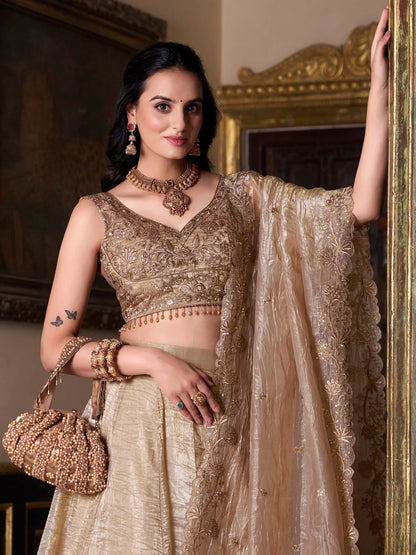 Dorsaron Women's Golden Sequins Organza Wedding Lehenga Choli With Dupatta