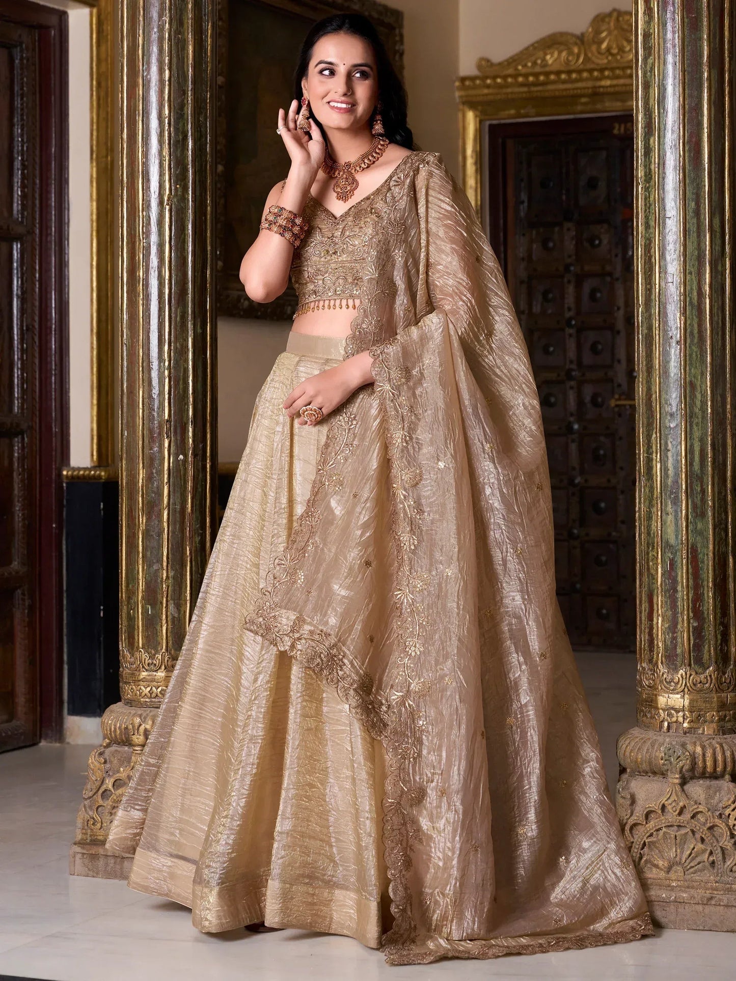 Dorsaron Women's Golden Sequins Organza Wedding Lehenga Choli With Dupatta