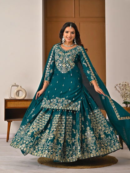 Dorsaron Women's Teal Chinon Silk Embroidery Zari Work Lehenga Choli
