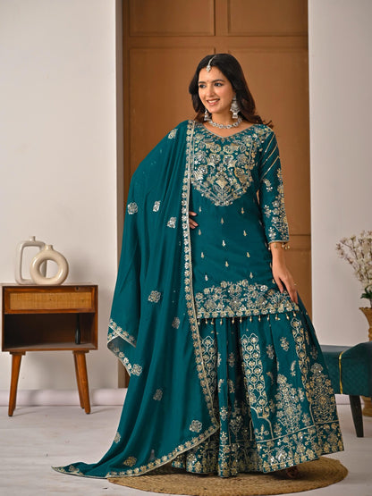 Dorsaron Women's Teal Chinon Silk Embroidery Zari Work Lehenga Choli