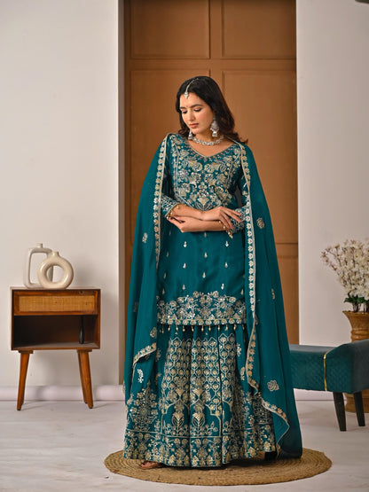 Dorsaron Women's Teal Chinon Silk Embroidery Zari Work Lehenga Choli