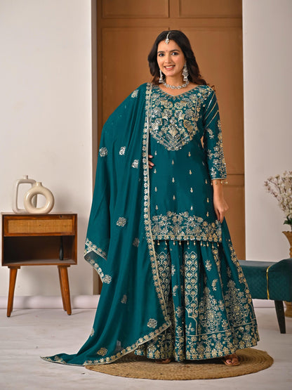 Dorsaron Women's Teal Chinon Silk Embroidery Zari Work Lehenga Choli
