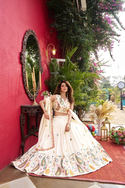 Dorsaron Women's White Vichitra Embroidery Work Lehenga Choli