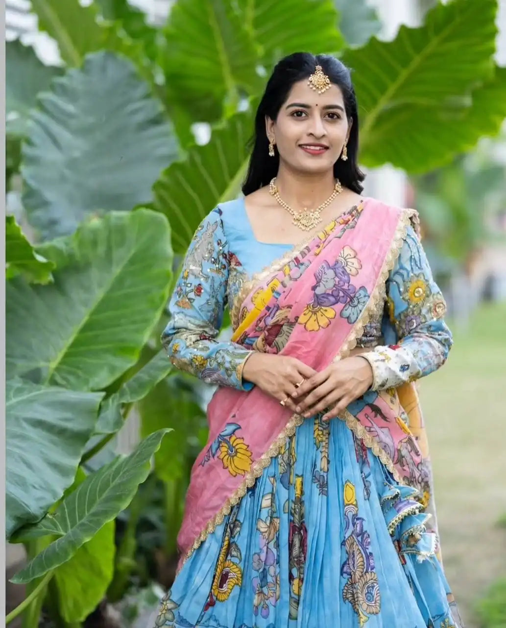 Dorsaron Women's Blue Cotton Kalamkari Print Lehenga Choli