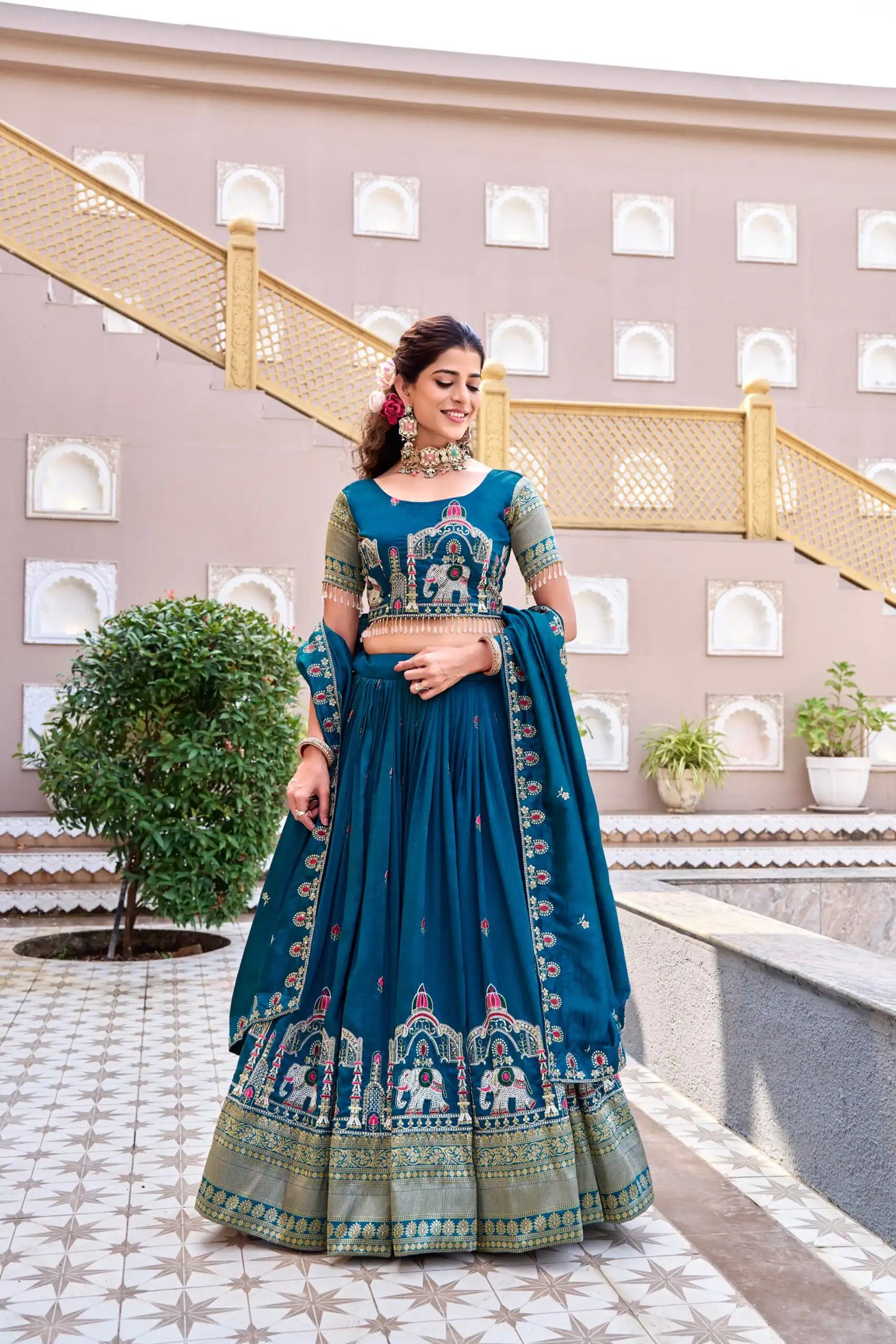 Dorsaron Women's Teal Vichitra Silk Thread Work Lehenga Choli
