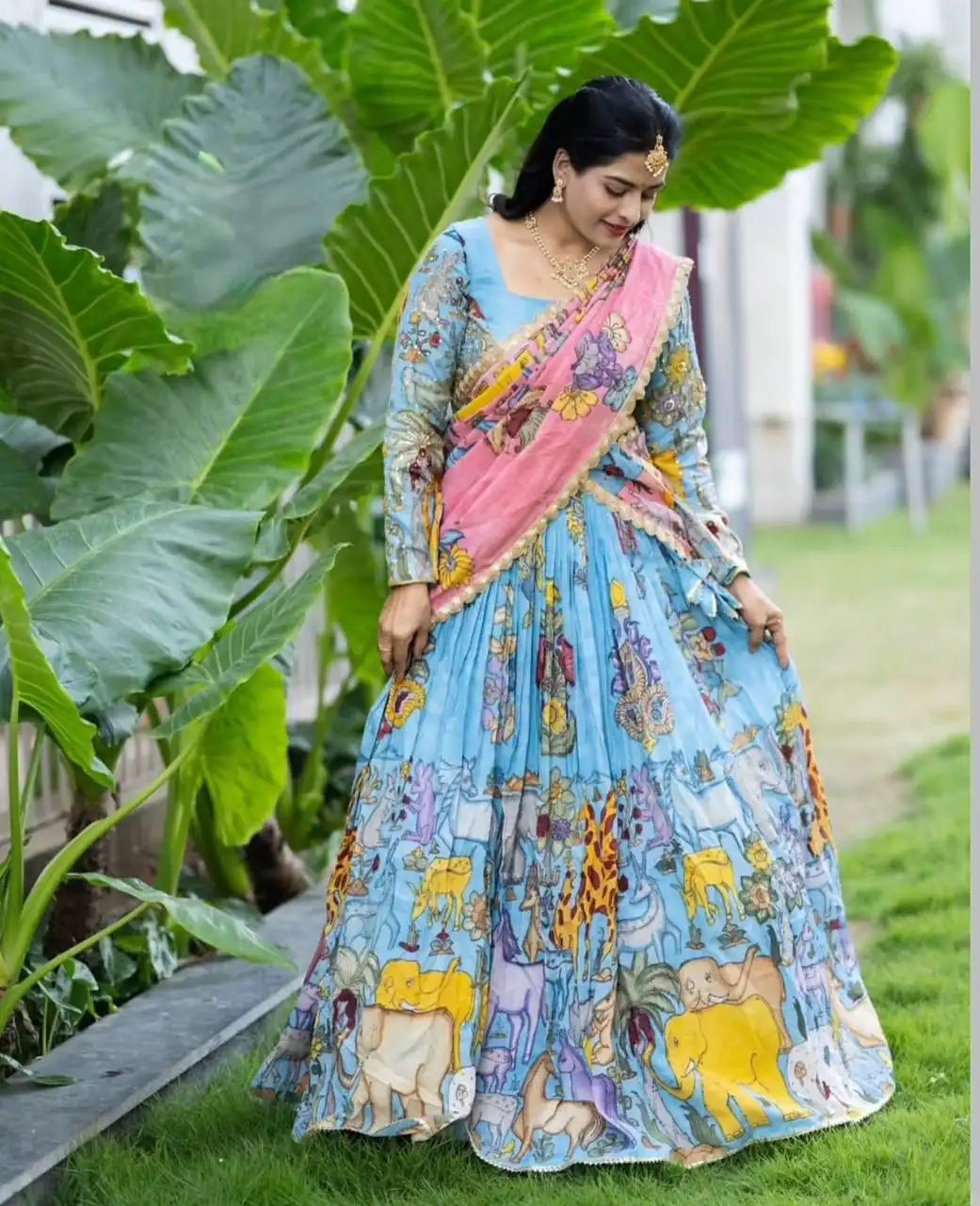 Dorsaron Women's Blue Cotton Kalamkari Print Lehenga Choli