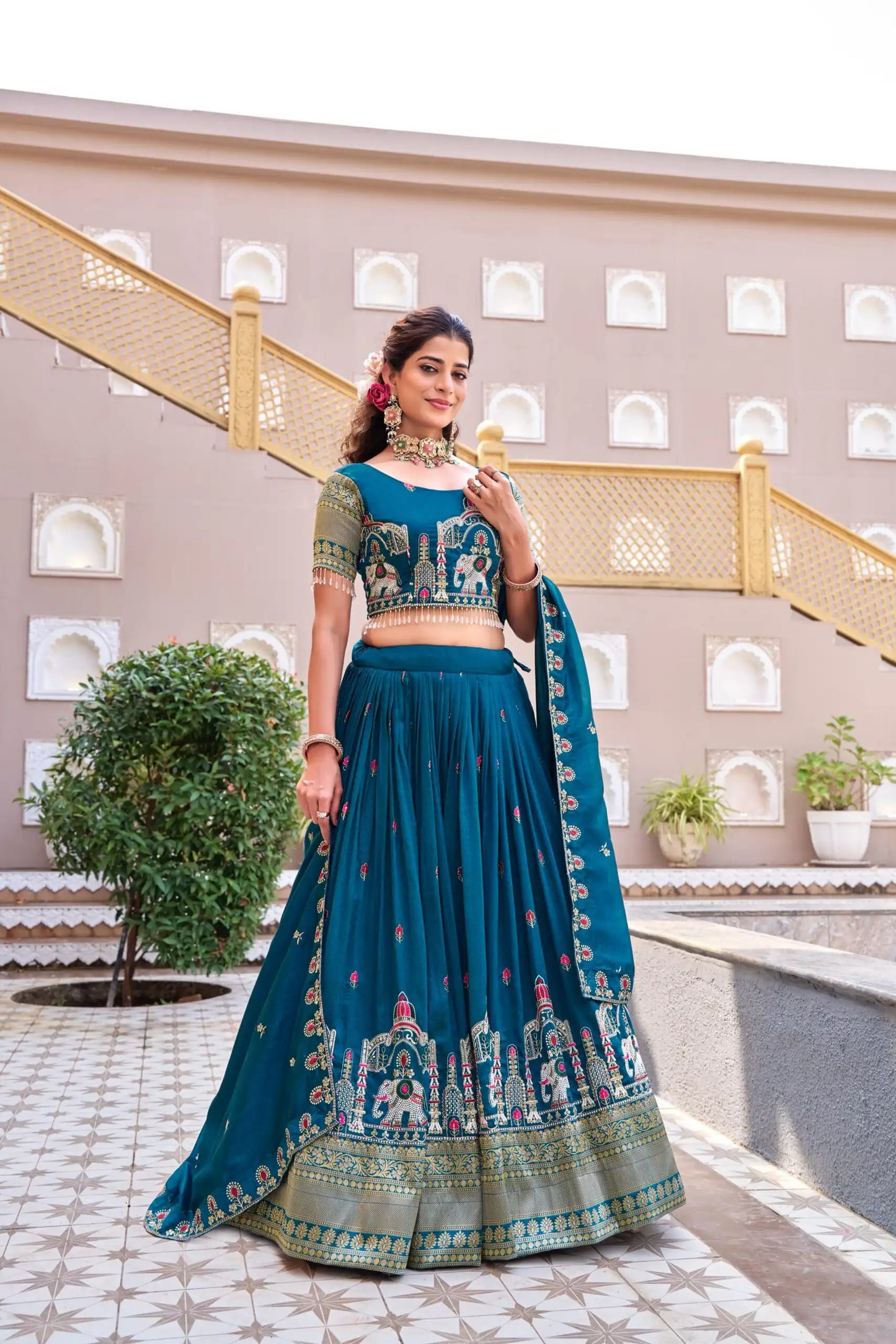Dorsaron Women's Teal Vichitra Silk Thread Work Lehenga Choli
