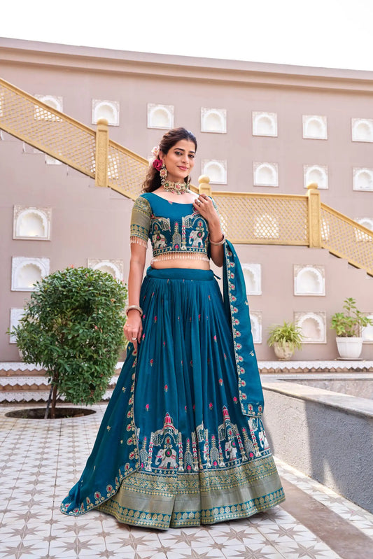 Dorsaron Women's Teal Vichitra Silk Thread Work Lehenga Choli