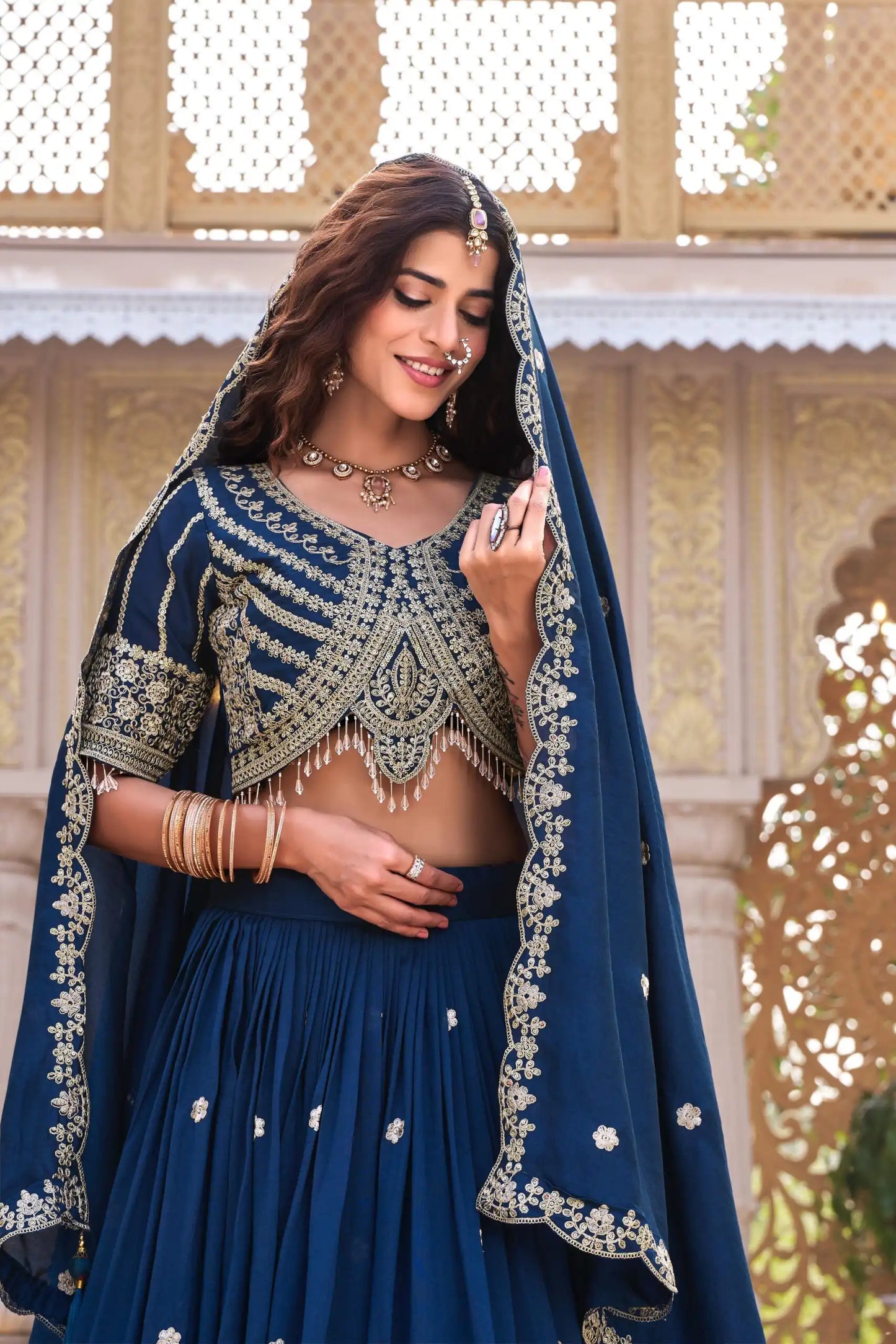 Dorsaron Women's Navy Blue Vichitra Silk Thread Embroider Work Lehenga Choli