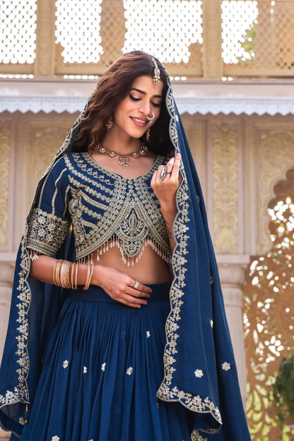 Dorsaron Women's Navy Blue Vichitra Silk Thread Embroider Work Lehenga Choli