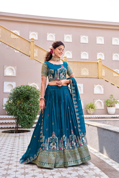 Dorsaron Women's Teal Vichitra Silk Thread Work Lehenga Choli