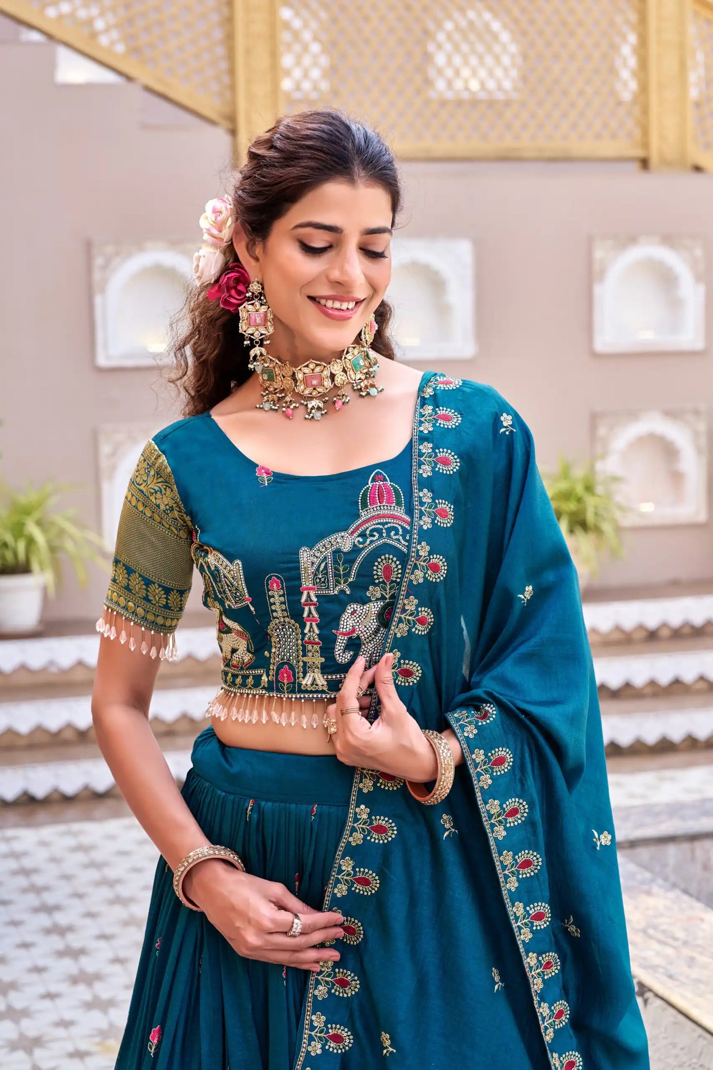 Dorsaron Women's Teal Vichitra Silk Thread Work Lehenga Choli