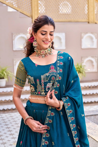 Dorsaron Women's Teal Vichitra Silk Thread Work Lehenga Choli