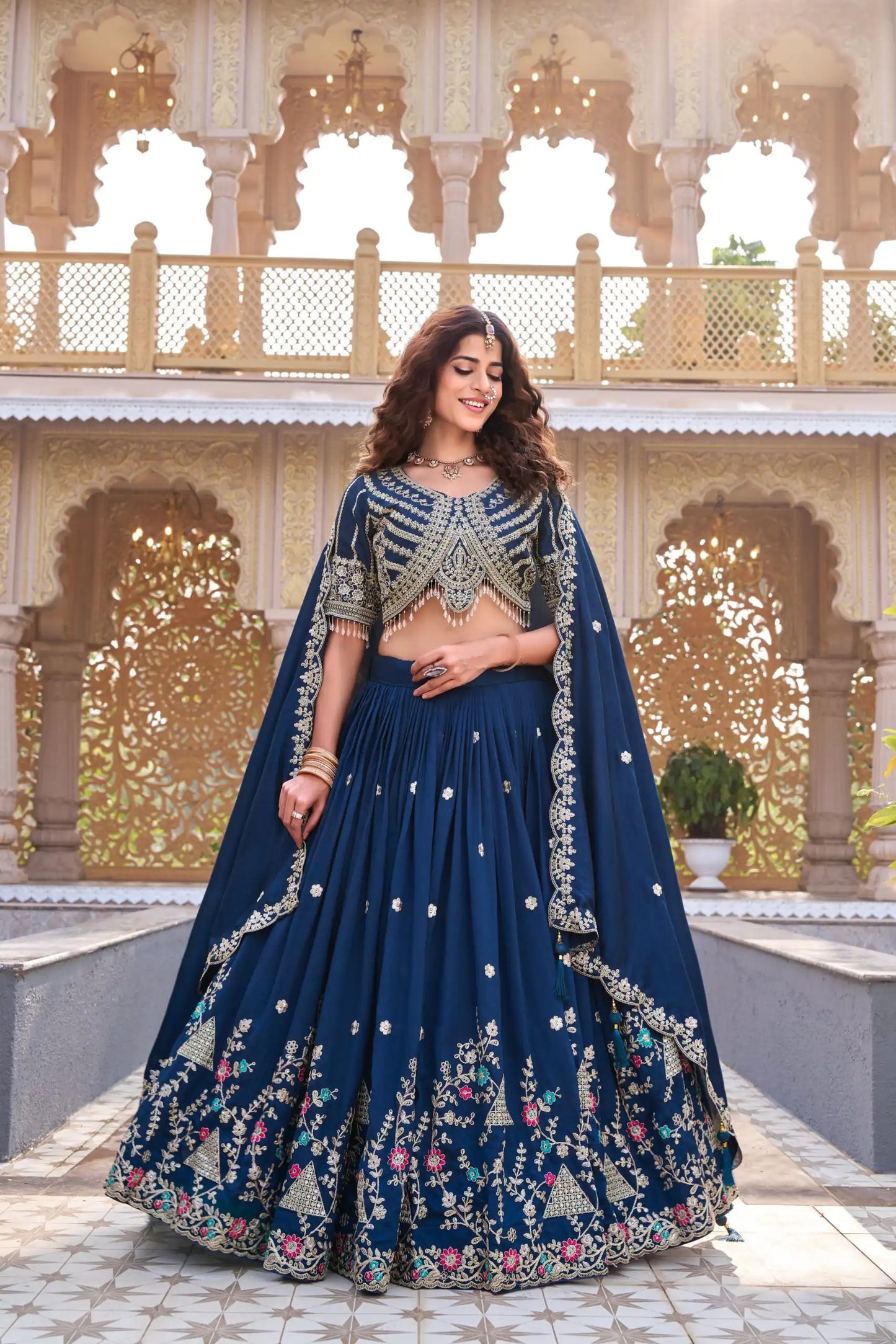 Dorsaron Women's Navy Blue Vichitra Silk Thread Embroider Work Lehenga Choli