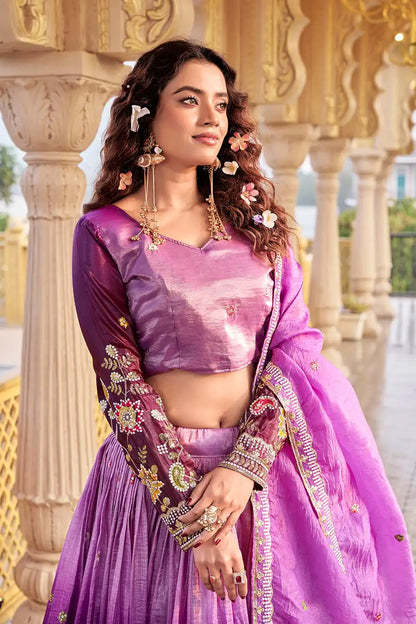 Dorsaron Women's Purple Gold Crush Embroidery Work Lehenga Choli