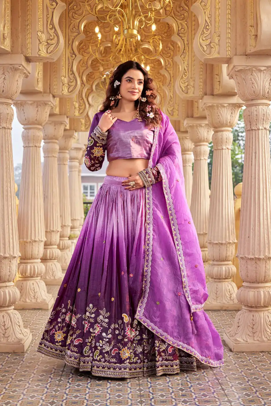 Dorsaron Women's Purple Gold Crush Embroidery Work Lehenga Choli