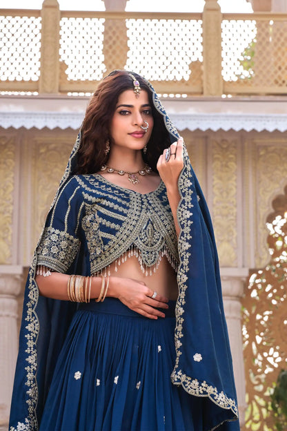 Dorsaron Women's Navy Blue Vichitra Silk Thread Embroider Work Lehenga Choli