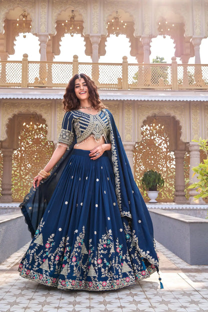 Dorsaron Women's Navy Blue Vichitra Silk Thread Embroider Work Lehenga Choli