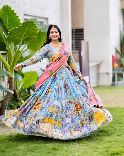Dorsaron Women's Blue Cotton Kalamkari Print Lehenga Choli