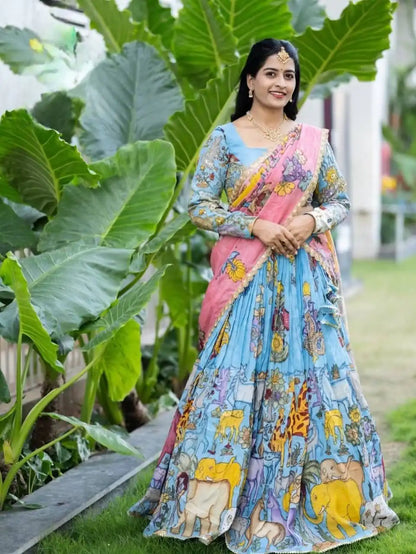 Dorsaron Women's Blue Cotton Kalamkari Print Lehenga Choli