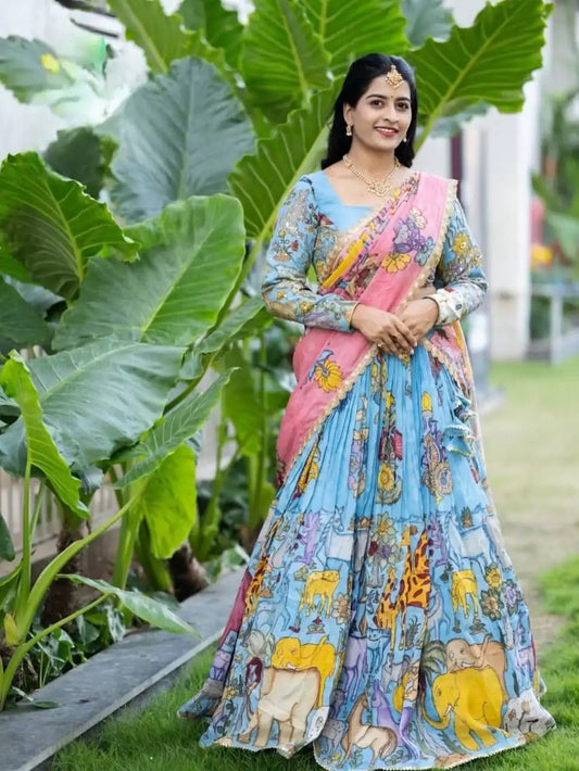 Dorsaron Women's Blue Cotton Kalamkari Print Lehenga Choli