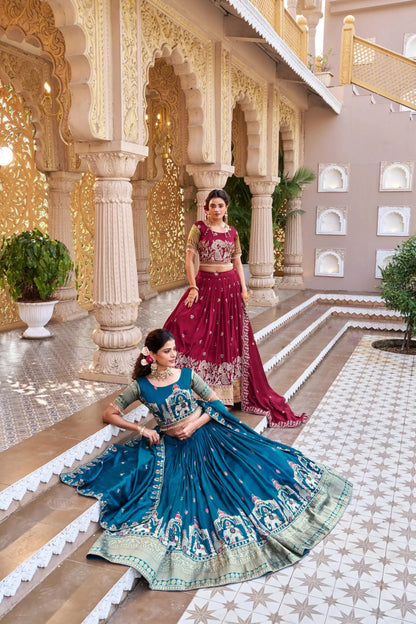 Dorsaron Women's Teal Vichitra Silk Thread Work Lehenga Choli