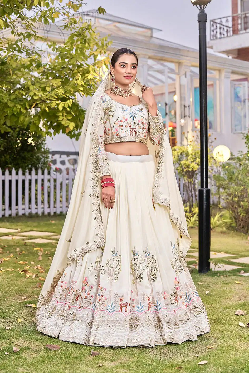 Dorsaron Women's White Vichitra Silk Thread Work Lehenga Choli